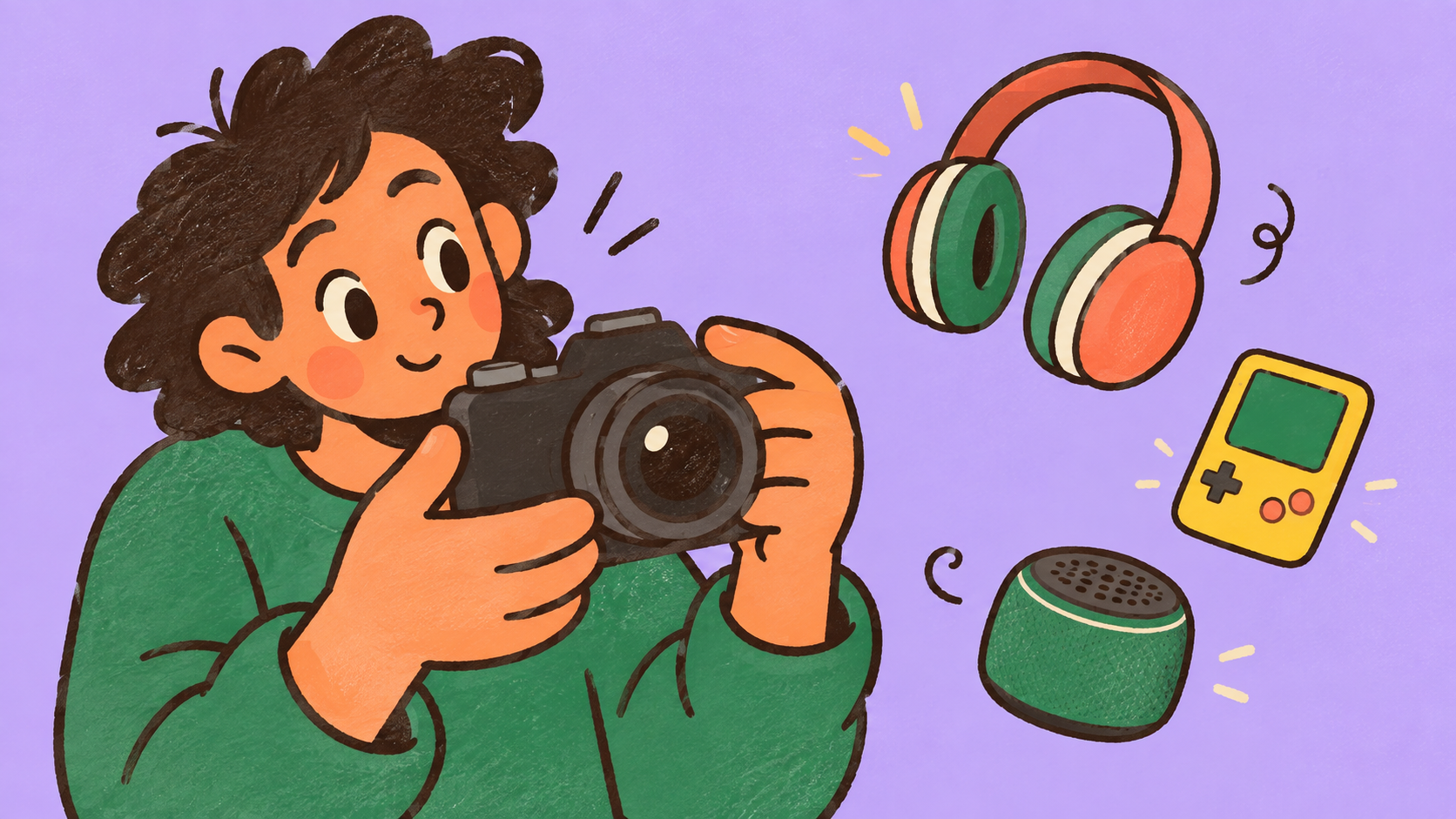 Hand-drawn figure holding a camera with headphones, a handheld game device, and a speaker