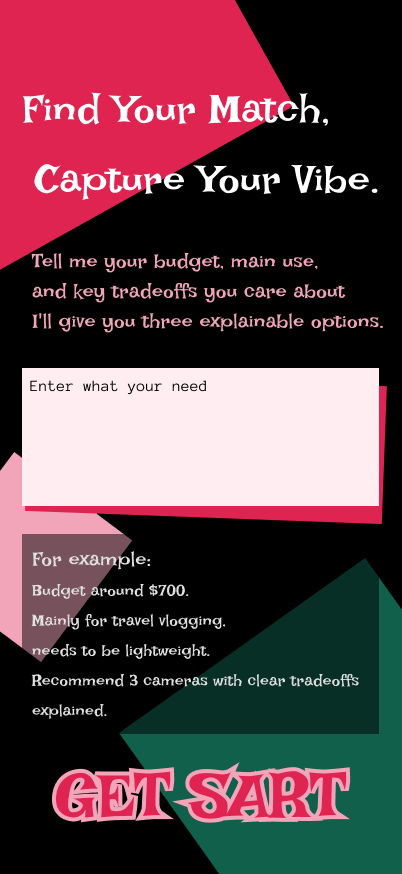 Camera Advisor home screen with a free-text request field and example prompt