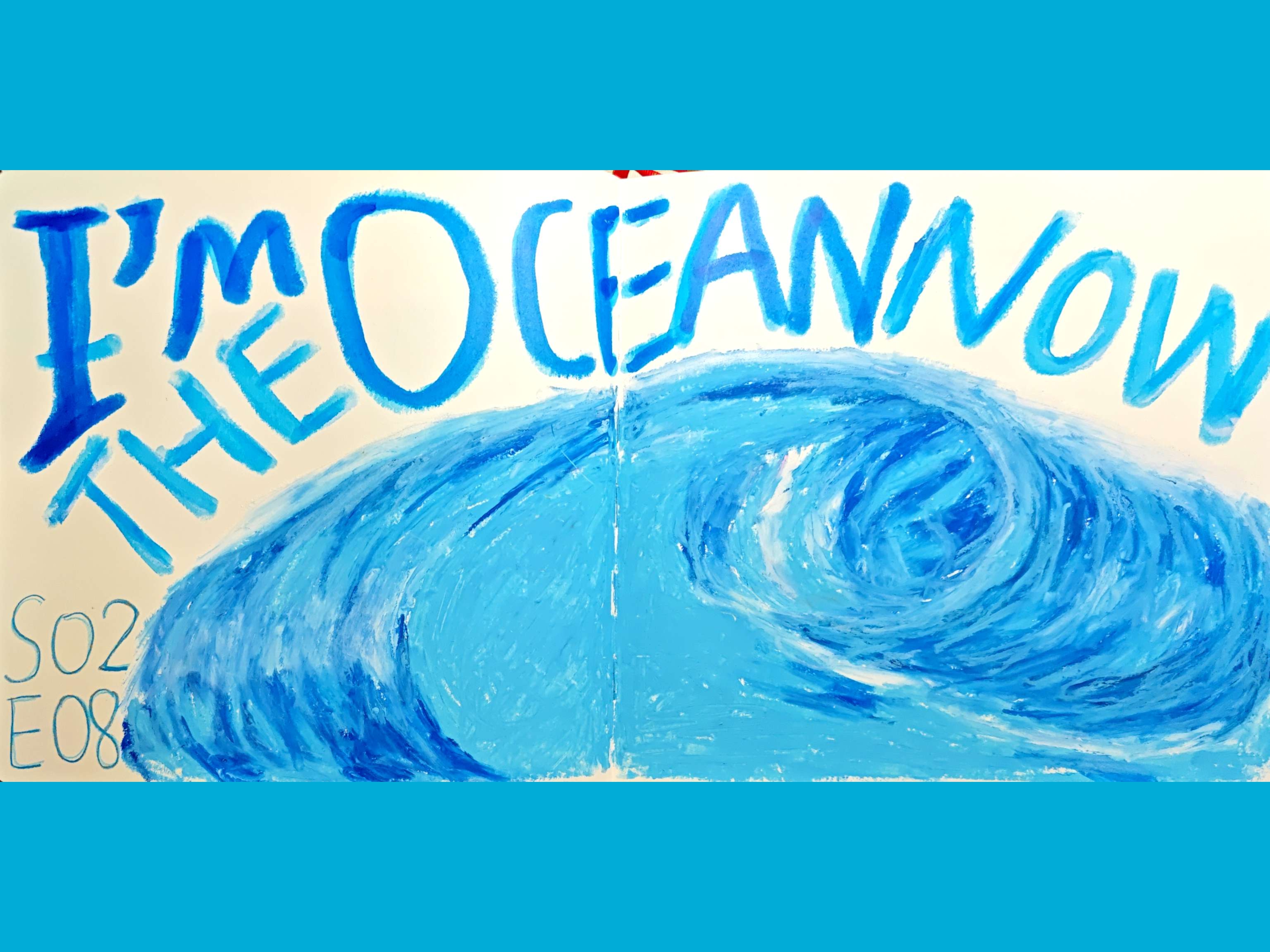 Cyan-bordered sketchbook spread with a large blue oval form and handwritten text.